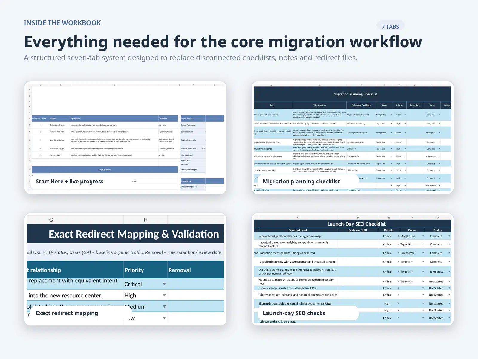 SEO Website Migration Lite Kit workbook tabs and included tools